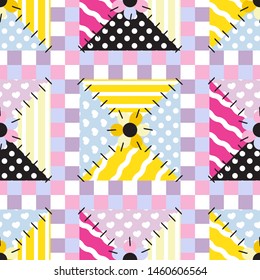 Vector seamless endless pattern.  Patchwork pattern, folk style texture. Lovely quilt with imitation of sewing, stitched patches. Abstract design, perfect for fabric, background, wallpaper, ornament