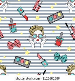 Vector seamless endless summer pattern with marine stripes, girl with glasses, stars, polka dot bow, cosmetics for textile, paper, web design. Beauty and fashion hand drawn illustration, make up