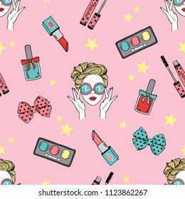 Vector seamless endless summer pattern with girl face with glasses, stars, polka dot bow, cosmetics for textile, paper, web design. Beauty and fashion hand drawn illustration, make up