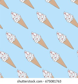 Vector seamless endless texture with hand drawn sketch ice cream. Diagonal direction. Cute pattern for scrapbooking, cards, wallpaper, typography, fashion, paper, textile, web design, clothes