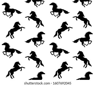 Vector seamless equestrian pattern of black different running horse silhouette isolated on white background