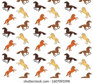 Vector seamless equestrian pattern of different colored drawn doodle sketch running horse isolated on white background