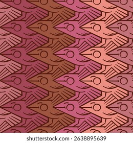 Vector seamless Escher style tessellation pattern with cartoon birds in warm dusty pink, peach, and terracotta tones for textiles and nursery design