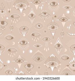 Vector seamless esoteric pattern. Light beige colors. Eye of providence. Magic symbol. Witchcraft. Boho stylish print. 