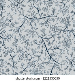 vector seamless ethnic boho pattern with flowers and leaves. Fantasy chintz floral design.