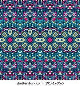 Vector seamless ethnic colorful flower pattern, tribal geometric psychedelic mexican print