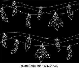 Vector seamless of ethnic decorative white contour feathers hanging on a string on black background. EPS10