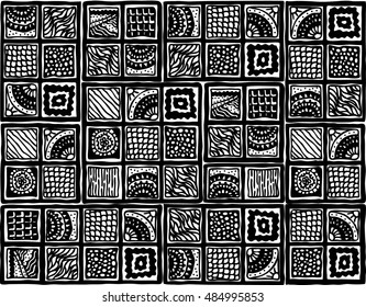 Vector seamless ethnic geometric pattern made of repeating various square patterns drawn in scribble style. Tribal background for tile, dishes, pareo, fabric. Folk monochrome ornamental doodles