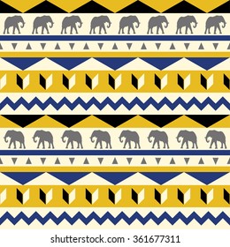 Vector seamless ethnic pattern. Abstract background. Geometric borders. Traditional colorful ornament with elephants.