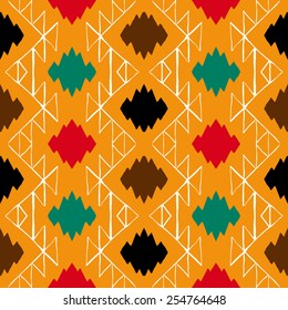 Vector seamless ethnic pattern with american indian motifs in multiple colors. Colorful aztec background. Textile print with navajo tribal ornament. Native american art.