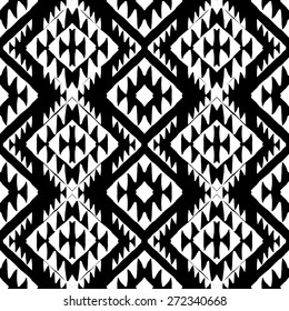Vector seamless ethnic pattern with american indian motifs in black and white colors. Aztec background. Textile print with navajo tribal ornament. Native american art.
