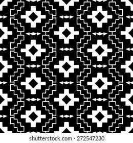 Vector seamless ethnic pattern with american indian motifs in black and white colors. Aztec background. Textile print with navajo tribal ornament. Native american art.