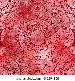 Vector seamless ethnic pattern with floral motives. Mandala stylized print template for. Boho chic design. Vector watercolor texture. Abstract background with watercolour drops and strokes
