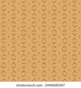 
Vector seamless ethnic pattern, freehand drawing, dotted lines, vertical rows of rhombuses and short vertical strokes, brown lines, yellow background