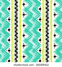Vector seamless ethnic pattern hand painted with bold zigzag brushstrokes and stripes in bright colors 