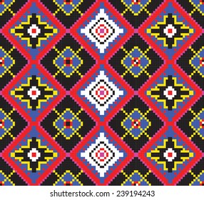 Vector seamless ethnic pattern of squares of red, blue,violet,orange, black, white, yellow. Can be used as a scheme for embroidery, knitting.