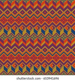 Vector seamless ethnic pattern. Tribal seamless texture. Vintage ethnic seamless backdrop. Boho style. Mustard, orange and blue colors. Vector illustration.