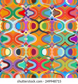 Vector seamless ethnic pattern with Uzbek, Turkish, Moroccan, Arabic and Kazakh motifs in bright vibrant colors. Multicolor modern print with tribal motifs and 1970s fashion