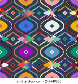Vector seamless ethnic pattern with Uzbek, Turkish, Moroccan, Arabic and Kazakh motifs in bright vibrant colors. Multicolor modern print with tribal motifs and 1970s fashion