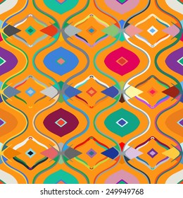 Vector seamless ethnic pattern with Uzbek, Turkish, Moroccan, Arabic and Kazakh motifs in bright vibrant colors. Multicolor modern print with tribal motifs and 1970s fashion