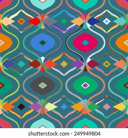 Vector seamless ethnic pattern with Uzbek, Turkish, Moroccan, Arabic and Kazakh motifs in bright vibrant colors. Multicolor modern print with tribal motifs and 1970s fashion