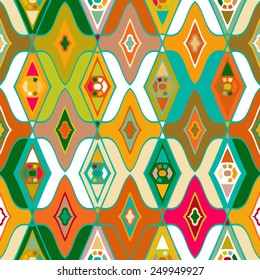 Vector seamless ethnic pattern with Uzbek, Turkish, Moroccan, Arabic and Kazakh motifs in bright vibrant colors. Multicolor modern print with tribal motifs and 1970s fashion