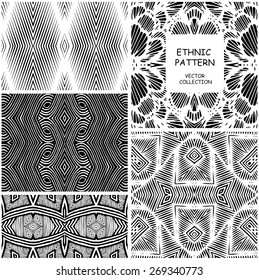 Vector seamless ethnic patterns with American Indian motifs in black and white colors. Original patterns collection can be used for wallpaper, pattern fills, web page background, surface textures