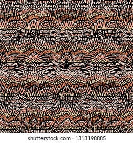 Vector Seamless Ethnic Striped Animal Pattern. Bold African Print With Organic Shapes, Spots, Stains. Hand Drawn Animal Print With Zebra Stripes. Zebra Skin Vector Background And Leopard Skin Texture