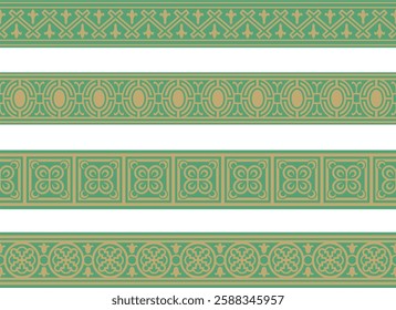 Vector seamless European gold and green ornament. Endless ornament, medieval.Renaissance border. Decorations of palaces and churches.
