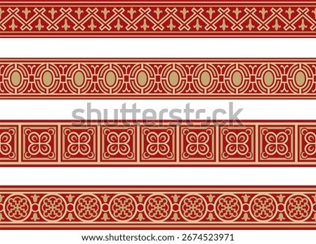 Vector seamless European gold and red ornament. Endless ornament, medieval.Renaissance border. Decorations of palaces and churches.
