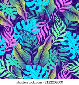 Vektornahtlose exotische Muster mit Monsterblättern aus Neon und Bananenästen auf tierischem Leopardenhintergrund. Moderner hawaiianischer Hintergrund mit Blumenmotiven. Textur aus tropischen Pflanzen.