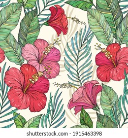 Vector Seamless exotic pattern with tropical leaves. Tropical flowers and plants