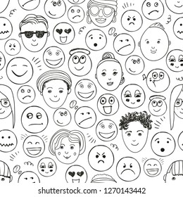 Vector Seamless faces people pattern. Black and white, doodle human heads background