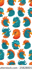 Vector seamless fairytale pattern with blue bird on white background. Texture with parrot in cartoon fantasy style. Textile with hand drawn macaws for wallpaper and fabric