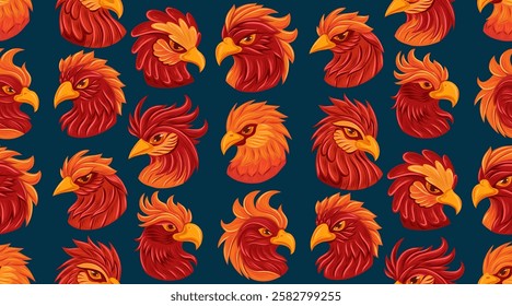 Vector seamless fairytale pattern with red phoenixes on dark blue background. Fable texture with parrot heads in cartoon fantasy style. Textile with hand drawn macaws for wallpaper