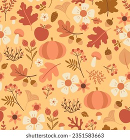 Vector Seamless Fall Leaves, Mushrooms and Pumpkins Pattern in Orange Tones