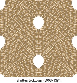 Vector seamless fan shaped floral pattern from stylized flowers, Easter egg and pearl beads. White  contour linear drawing on a golden beige background