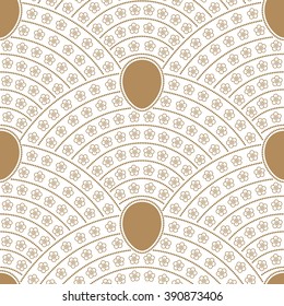 Vector seamless fan shaped floral pattern from stylized flowers, Easter egg and pearl beads. Golden beige contour linear drawing on a light white background