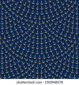 Vector seamless fan shaped pattern from small gold sea anchors on a dark indigo blue background. Nautical ocean wallpaper, travel wrapping paper, batik, water sport textile print