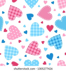 Vector seamless fancy love pattern with pink and blue patchwork hearts on white background 