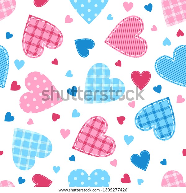 Vector seamless fancy love pattern with pink and blue patchwork hearts on white background.