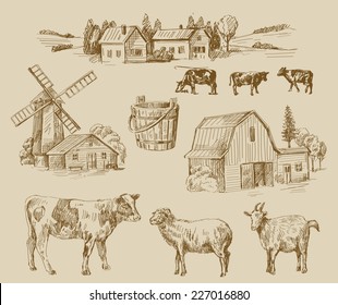 vector seamless farm and animals hand drawn set