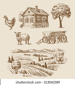 vector seamless farm and animals hand drawn set