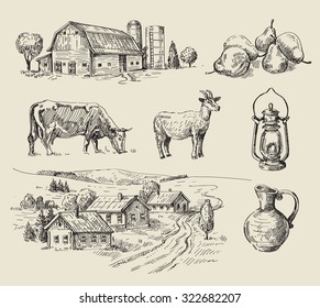 vector seamless farm and animals hand drawn set