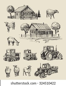 vector seamless farm and animals hand drawn set