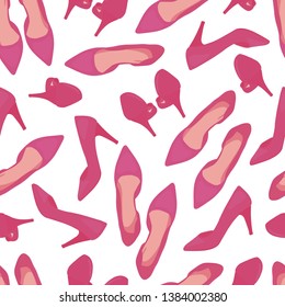 Vector Seamless of Fashion Accessories Pattern. Background of Pink Women's High Heel Shoes. Vector Pattern of Court Shoes isolated on White background