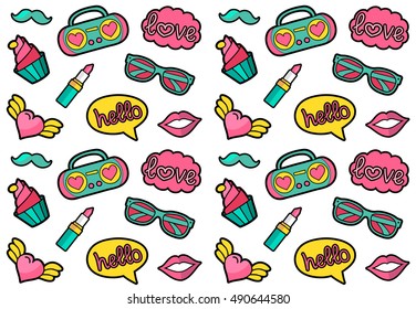 Vector seamless fashion patches pattern. Cute and funny stickers design. Vintage hippie style badges background.