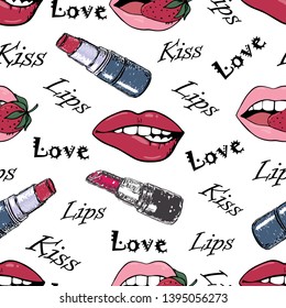 Vector seamless fashion pattern with lips, lipsticks and different words on a white background
