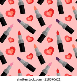 Vector seamless fashion pattern with lipstick and hearts in modern flat style