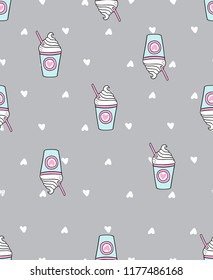 Vector seamless fashion pattern with little white hearts and cocktail on grey background for clothes design, paper, wallpapers, cute undirected endless texture with coffee glasses with whipped cream